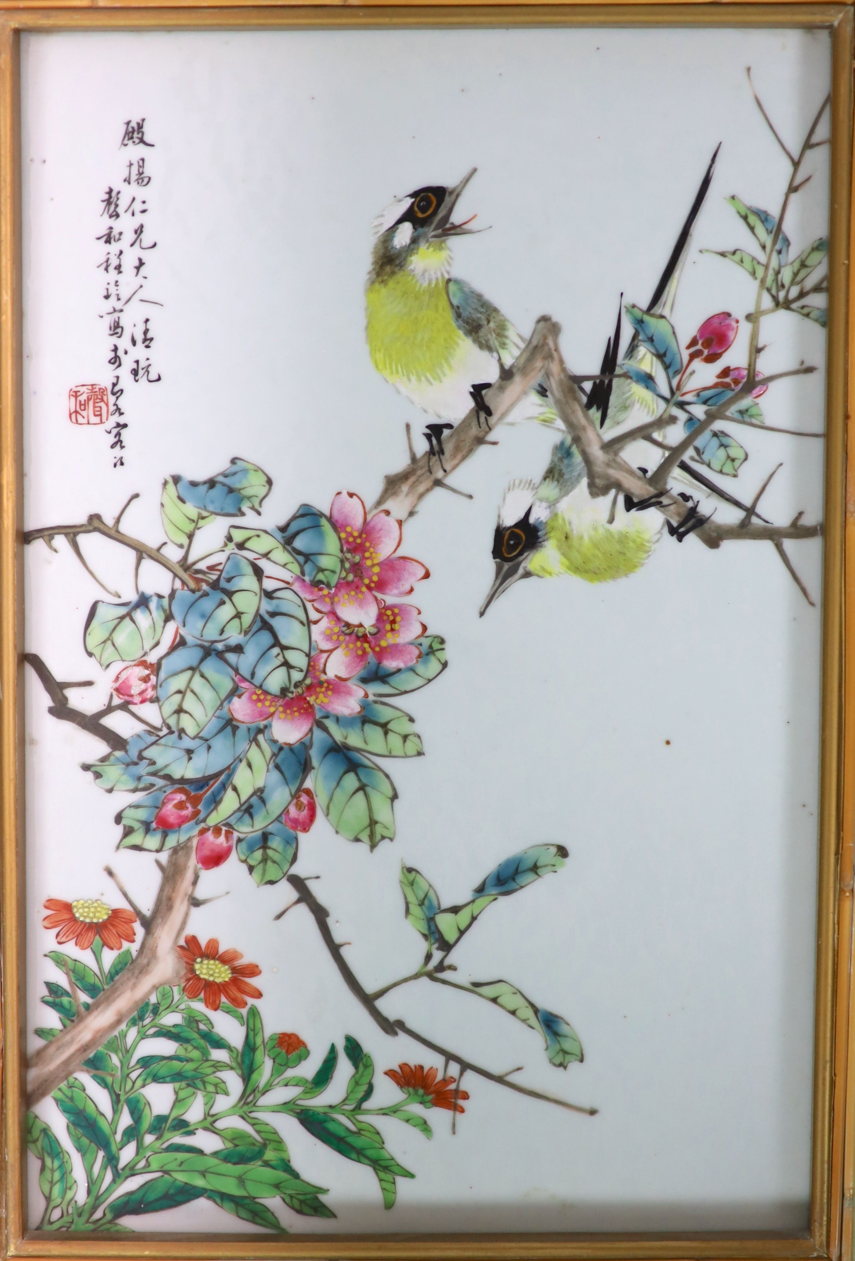 An assembled set of five Chinese enamelled porcelain ‘bird’ plaques, early - mid 20th century, each 38cm x 25cm, in similar mounts and frames